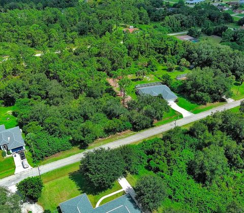 Aerial view of the sold, wooded land parcel at 414 Lake Ave, Lehigh Acres, FL